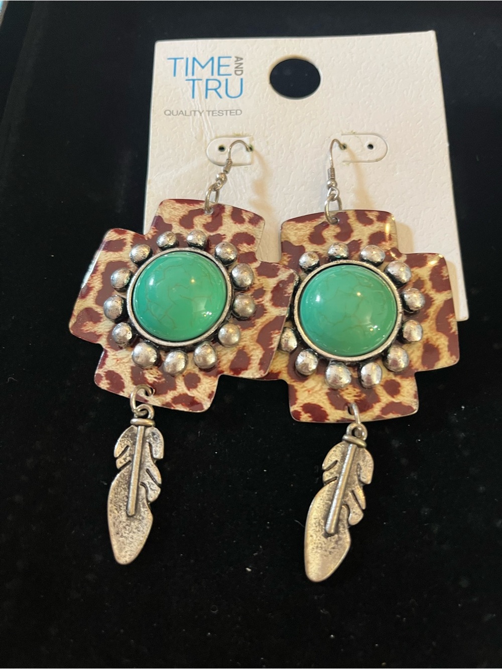 Time and Tru Leopard Print Earrings with Turquoise Center and Silver Feathers - Picture 2 of 2